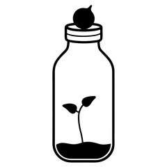 A silhouette vector of a sprout emerging from a seed inside a glass bottle filled with water.