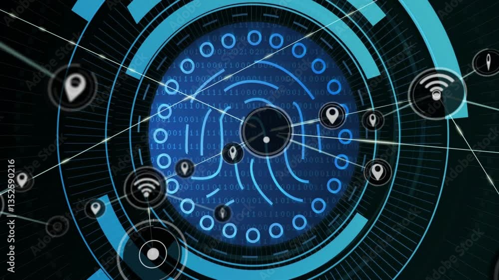 Poster animation of futuristic digital network with binary code and connectivity symbols