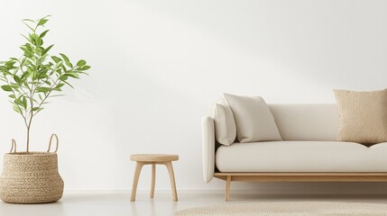 Modern living room with a white sofa on the right side and a small wooden stool on the left side. the sofa is beige in color and has several beige throw pillows on it.