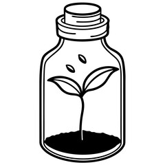 A silhouette vector of a sprout emerging from a seed inside a glass bottle filled with water.