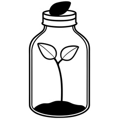 A silhouette vector of a sprout emerging from a seed inside a glass bottle filled with water.