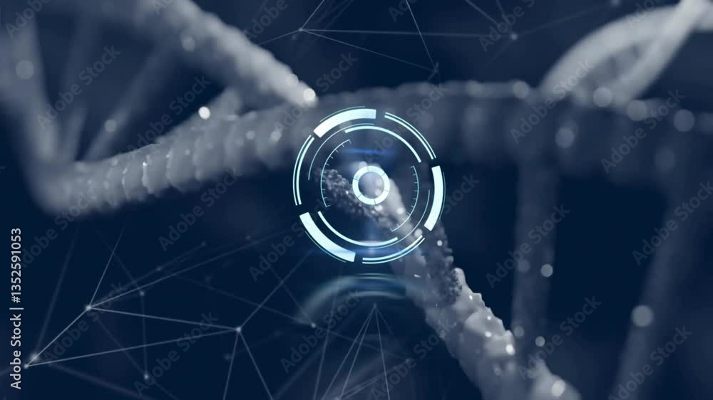 Poster animation of dna strand with digital interface and network connections in background
