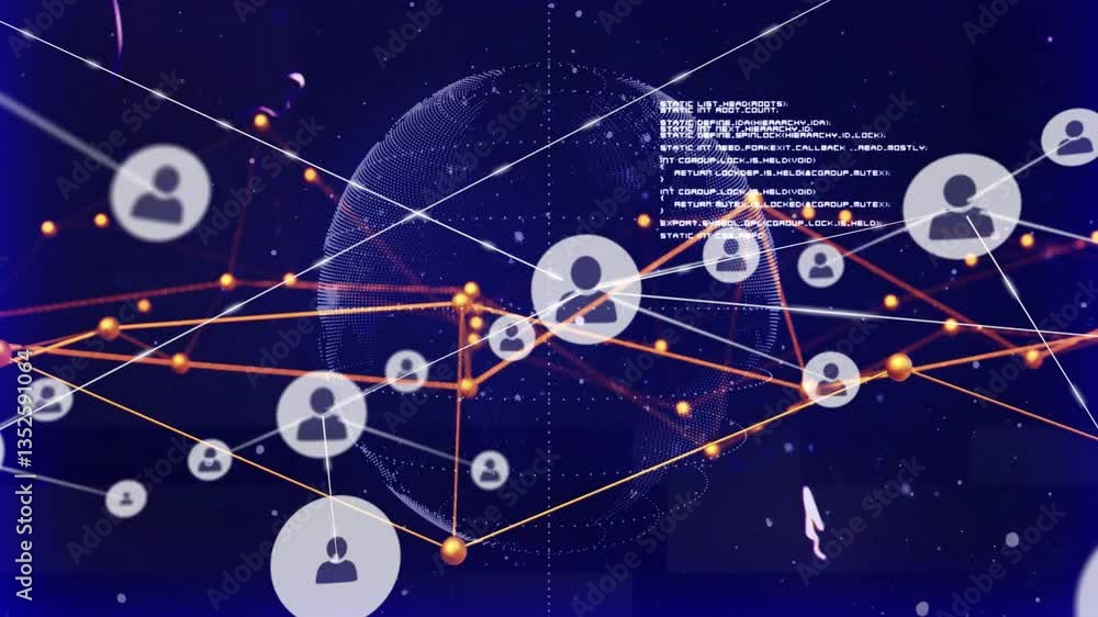 Poster Animation of digital globe with network of connected profiles and data points