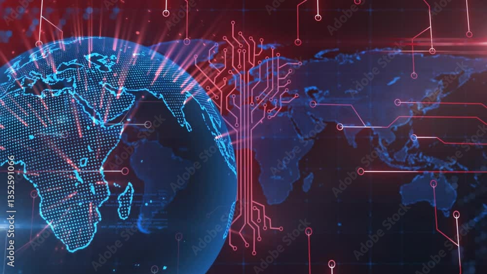 Poster animation of digital world map with glowing circuits and network connections