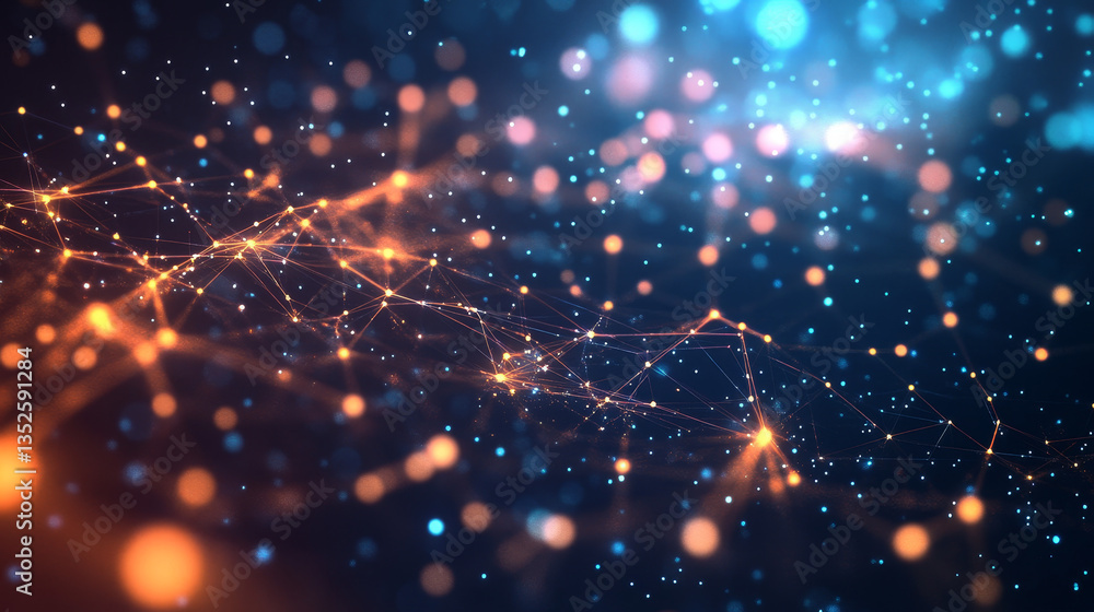 Poster abstract representation of a futuristic digital data network with glowing nodes and lines on a dark 