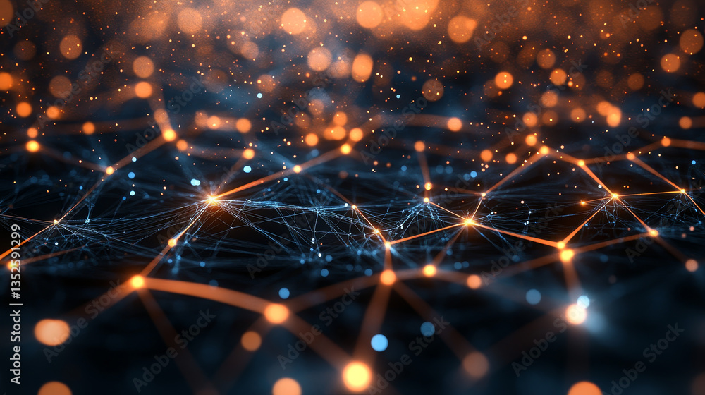 Poster abstract representation of a futuristic digital data network with glowing nodes and lines on a dark 
