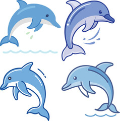 Fototapeta premium Funny cartoon dolphin set swimming in the ocean