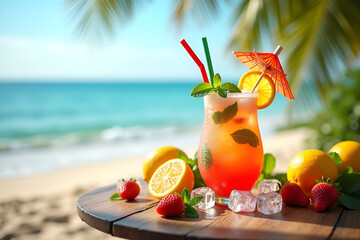 Refreshing Summer Drink on a Wooden Table with Fresh Fruits and Ice by the Beach