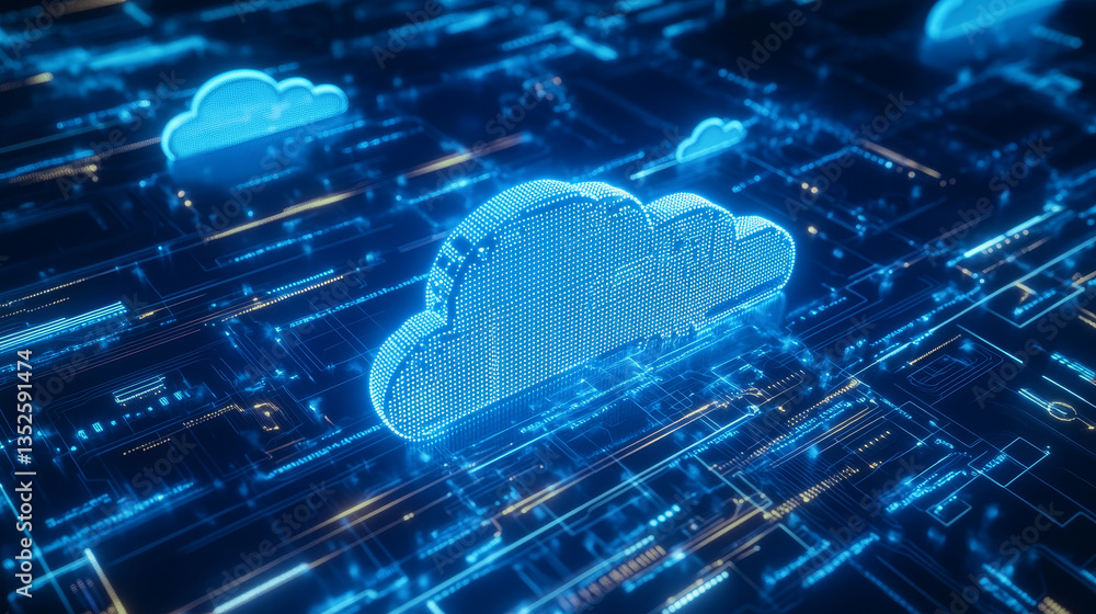 Poster futuristic cloud computing network with glowing digital pathways, representing cloud technology, dat