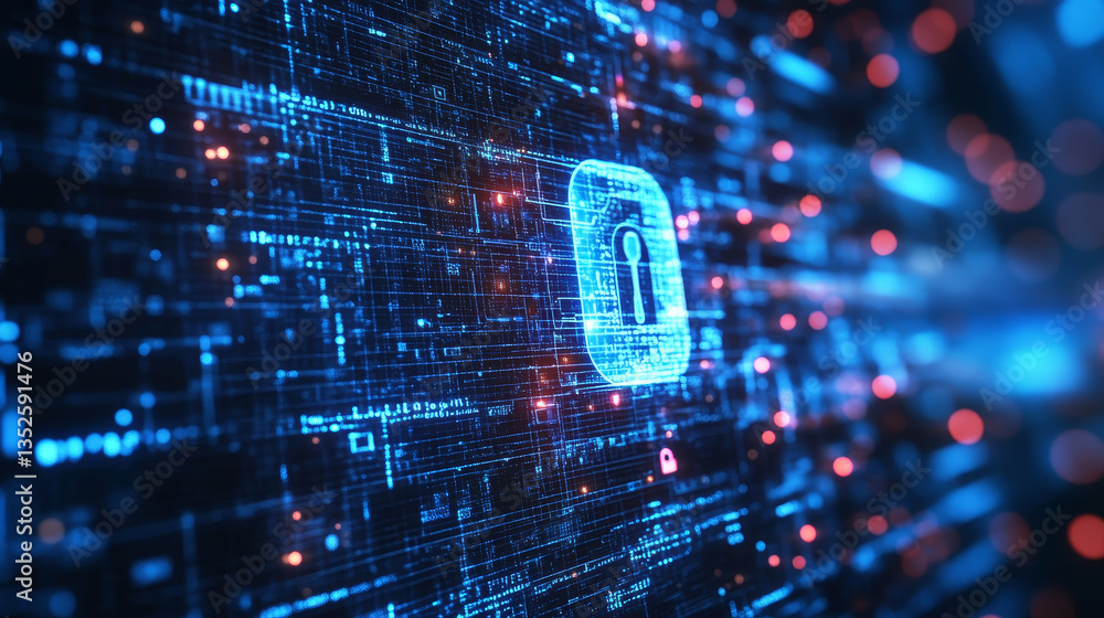 Poster padlock of cyber security digital data, technology global network digital data protection, future ba
