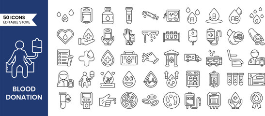 Blood Donation icons set in line style. Donation, plasma, platelets, hemoglobin, apheresis, phlebotomy, transfusion and more. Vector illustration