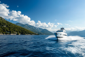 A luxury motor yacht is speeding across the sea.