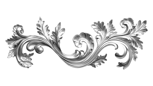 Silver decorative element, filigree, cutout, transparent background