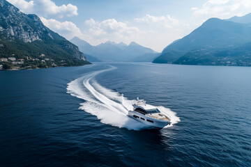 A luxury motor yacht is speeding across the sea.