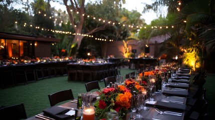 Fototapeta premium Enchanting evening event, outdoor setting with floral arrangements and soft lights