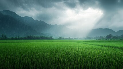 Obraz premium a beautiful green paddy field and mountains with rain 