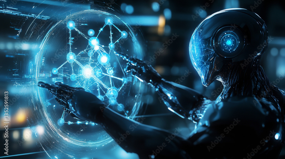 Poster robot brain digital data ai global network technology hologram with light and hand of human in sci-f