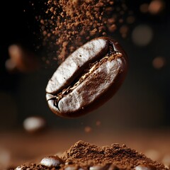 A close up view of a roasted coffee bean being ground into powder  long title An extreme close up image showcasing the detailed texture and rich