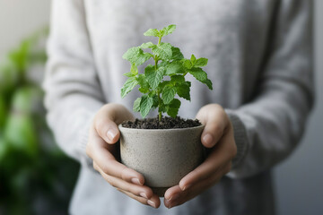 Close up of hands holding a potted mint plant.