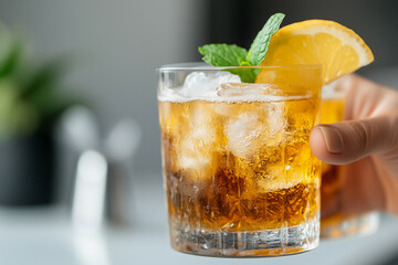Glass of ice tea with lemon slice.
Long island cocktail.