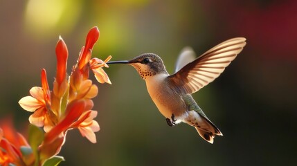 Fototapeta premium A tiny hummingbird approaches a bright orange flower in flight
