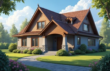 New house with shingle roof. Metal elements, home exterior design, stone and wood facade. Residential building property with lawn, trees, bushes, pathway leading to house.