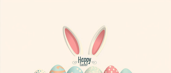 Obraz premium Minimal Easter banner with bunny ears and pastel eggs in flat vector style on a light background. Ideal for seasonal web graphics, social media headers, and greeting cards.