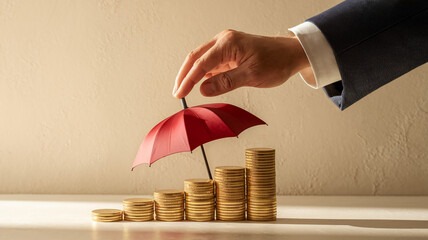 Red umbrella shielding stacks of gold coins, hand placing umbrella, symbolizing financial protection and security, showcasing investment growth and safety