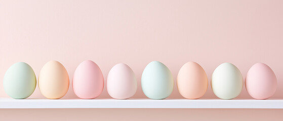 Fototapeta premium Minimalist Easter eggs in pastel tones aligned on a white shelf with a soft pink background. Perfect for seasonal marketing, greeting cards, or spring-themed designs.
