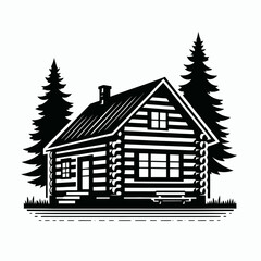 Log Cabin silhouette in black on a white background.