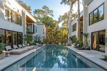 Elegant White Luxury Villa with Palm-Lined Poolside Paradise.