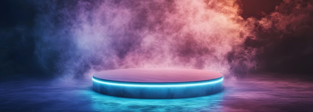 A floating energy-based podium, glowing with soft pulsating neon lights