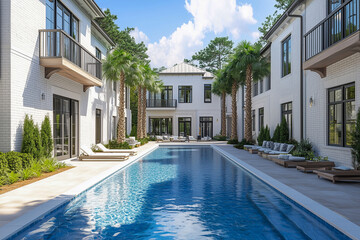 Elegant White Luxury Villa with Palm-Lined Poolside Paradise.