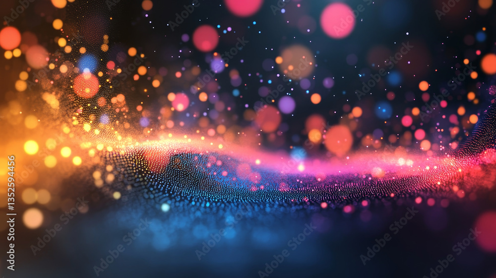 Poster digital technology concept small particles connected to each other in a line a variety of colors on 