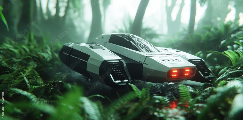 Aufkleber a futuristic spaceship hovering quietly in the dense forest setting