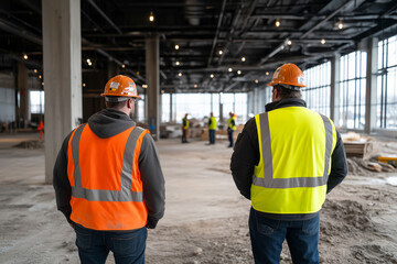 Construction workers at construction site.
Back view.