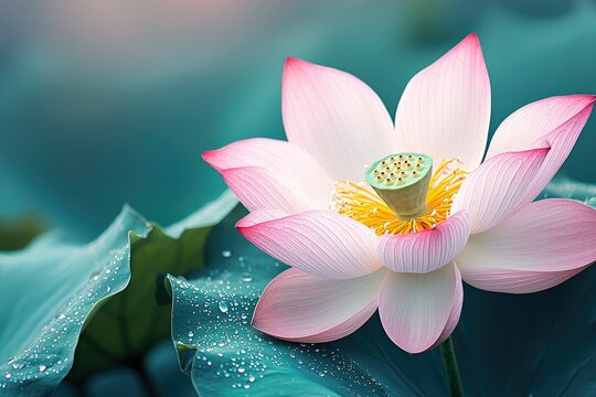 A delicate pink lotus flower in full bloom, adorned with water droplets on its lush green leaves.