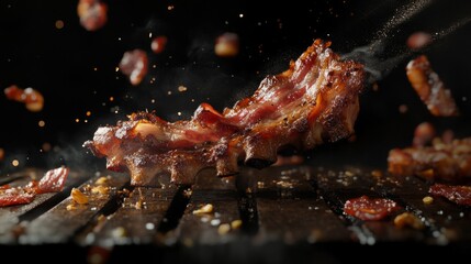 Crispy Brown Bacon on Wooden Table with Dark Background