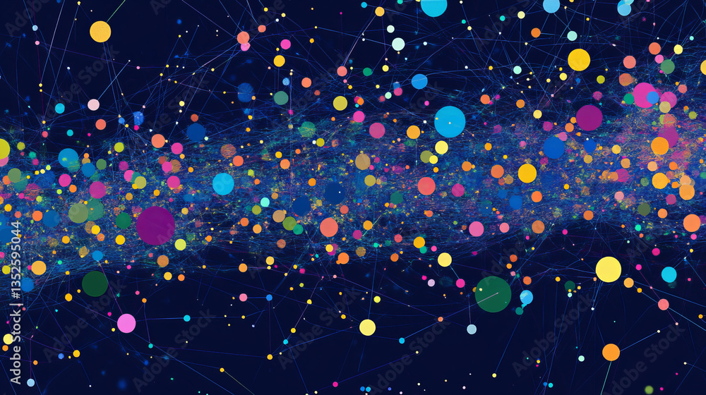 Poster digital technology abstract concept small particles connected in multicolored lines with a perspecti