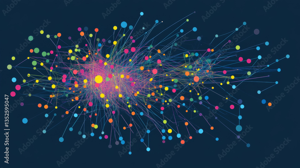 Poster digital technology abstract concept small particles connected in multicolored lines with a perspecti