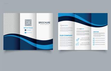 Trifold Brochure Template with Blue waves. Editable image.