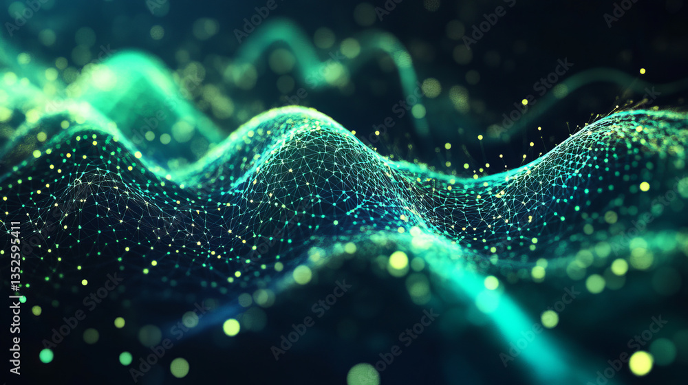 Poster digital cyberspace futuristic, green and blue color particles wave flowing with lines and dots conne
