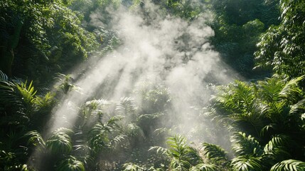Fototapeta premium Beautiful forest scene with sunlight shining through misty atmosphere