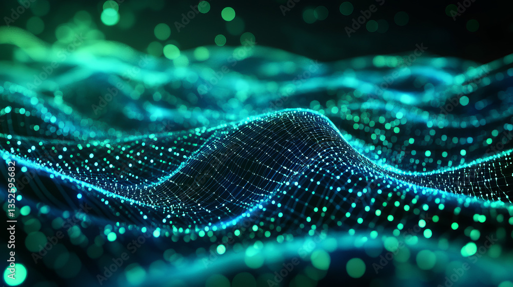 Poster digital cyberspace futuristic, green and blue color particles wave flowing with lines and dots conne