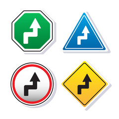 Left reverse turn ahead sign board with some shapes inside isolated on white background. Flat design Traffic road sign