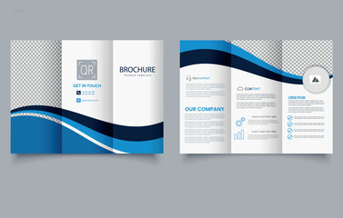 Trifold Brochure Template with Blue waves. Editable image.