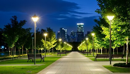 Obraz premium A quiet and peaceful night scene of a well-lit park at dusk with a city skyline in the background.