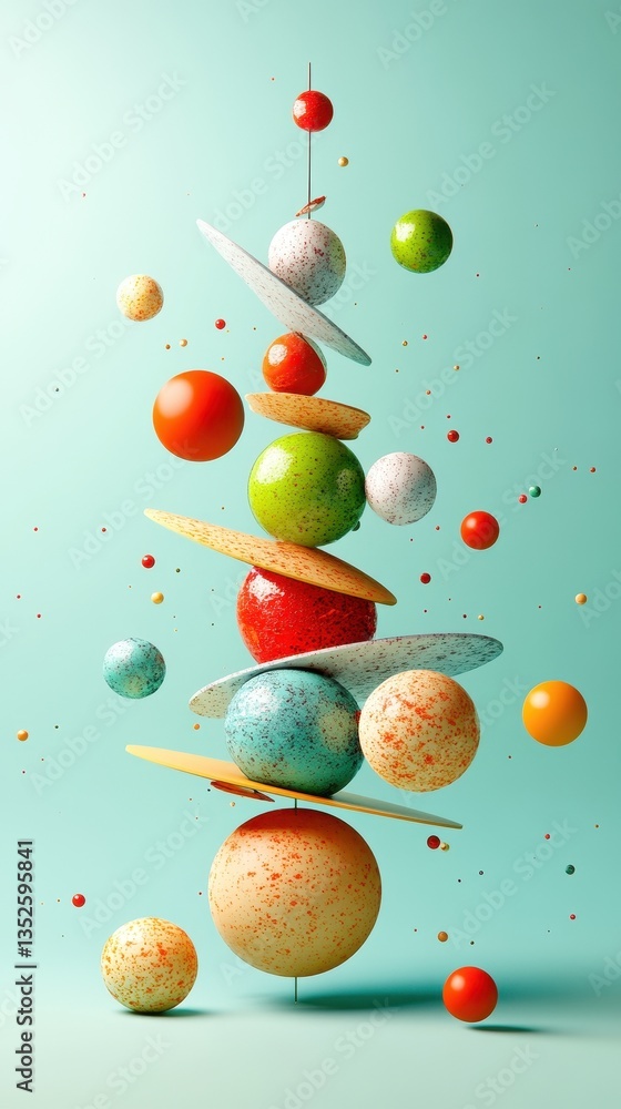Poster a colorful arrangement of spherical objects floating in space