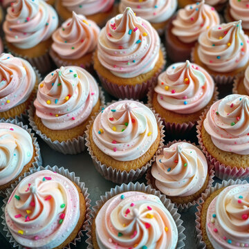 A batch of pink and white swirled cupcakes with delicate frosting, sprinkled with colorful edible decorations, arranged in a tempting display.
