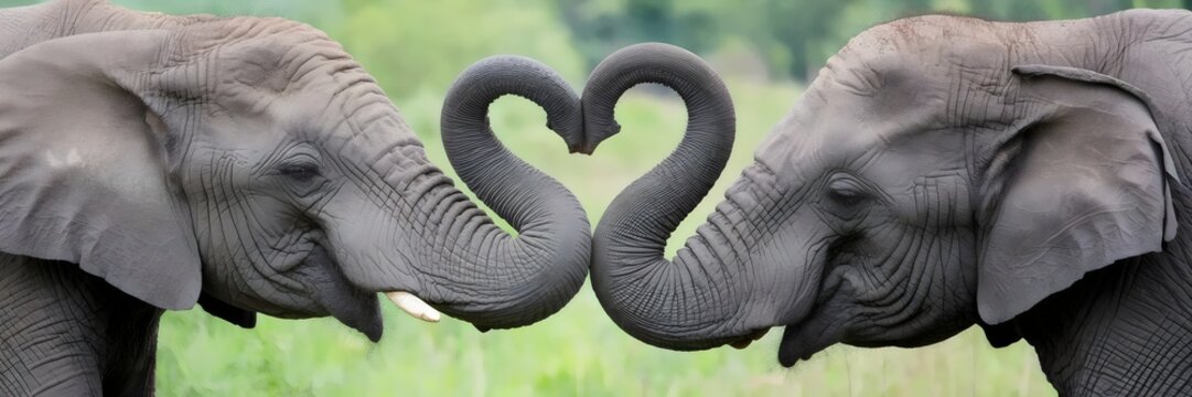 Two elephants gently touching trunks in a heart shape against a serene grassy landscape &ndash; Great for animal bonding themes, safari imagery, or emotional wildlife storytelling.